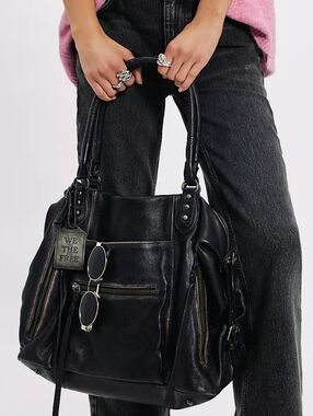 We The Free Emerson Black Leather Tote Bag with Front Zips
